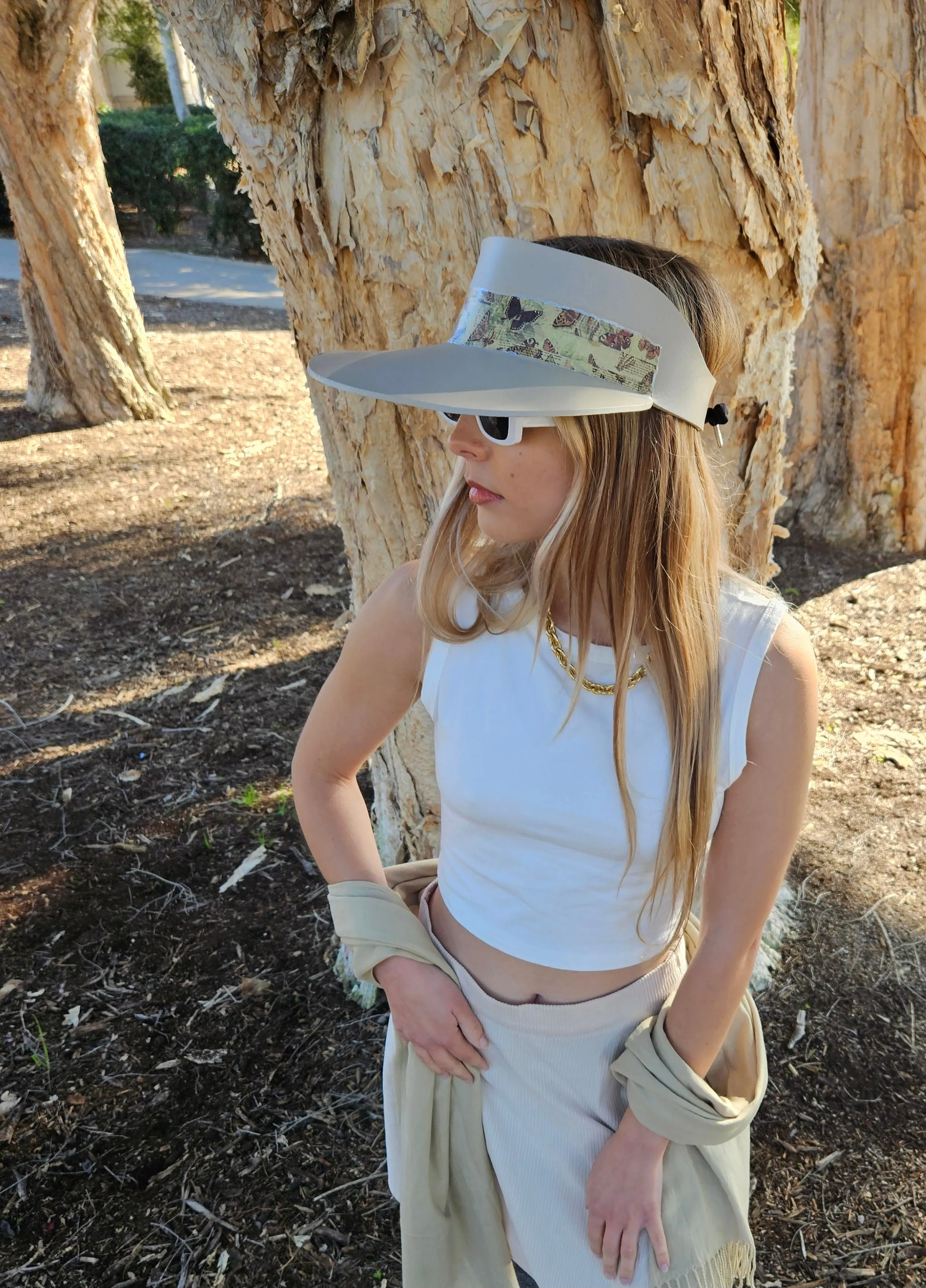 Tall Taupe "LadyEVA" Visor Hat with Neutral Butterfly Band and Silver Clamp