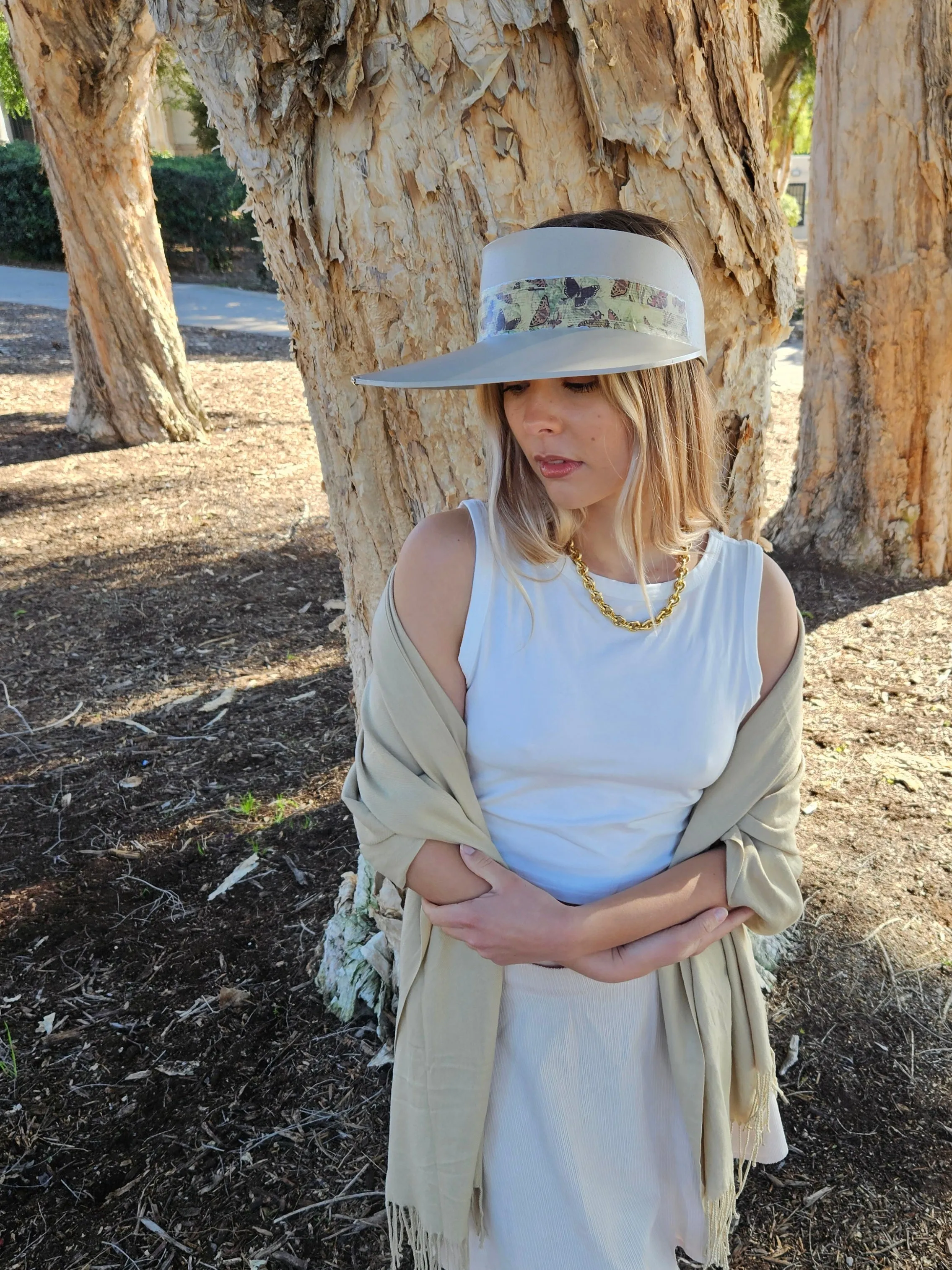 Tall Taupe "LadyEVA" Visor Hat with Neutral Butterfly Band and Silver Clamp