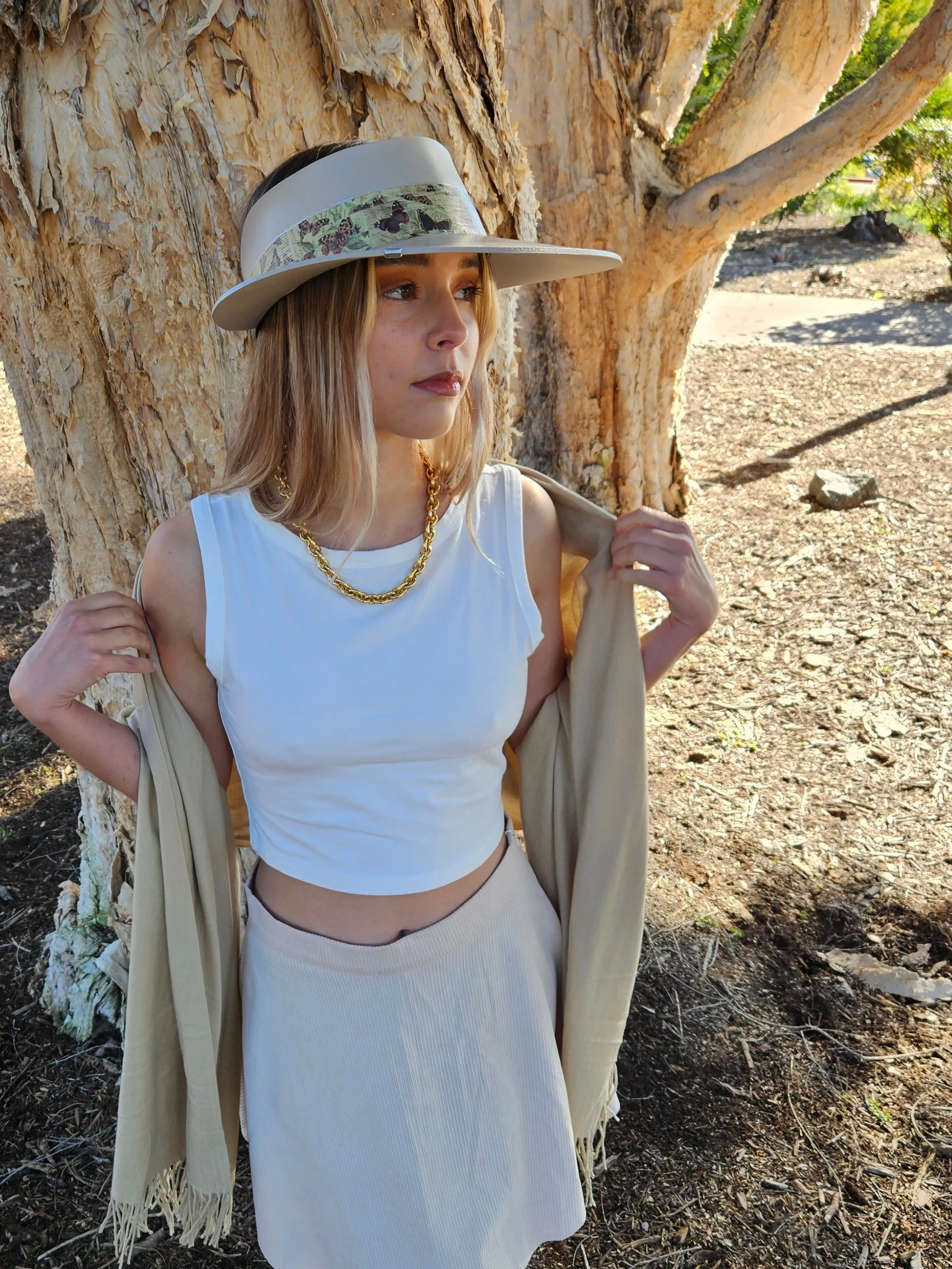 Tall Taupe "LadyEVA" Visor Hat with Neutral Butterfly Band and Silver Clamp