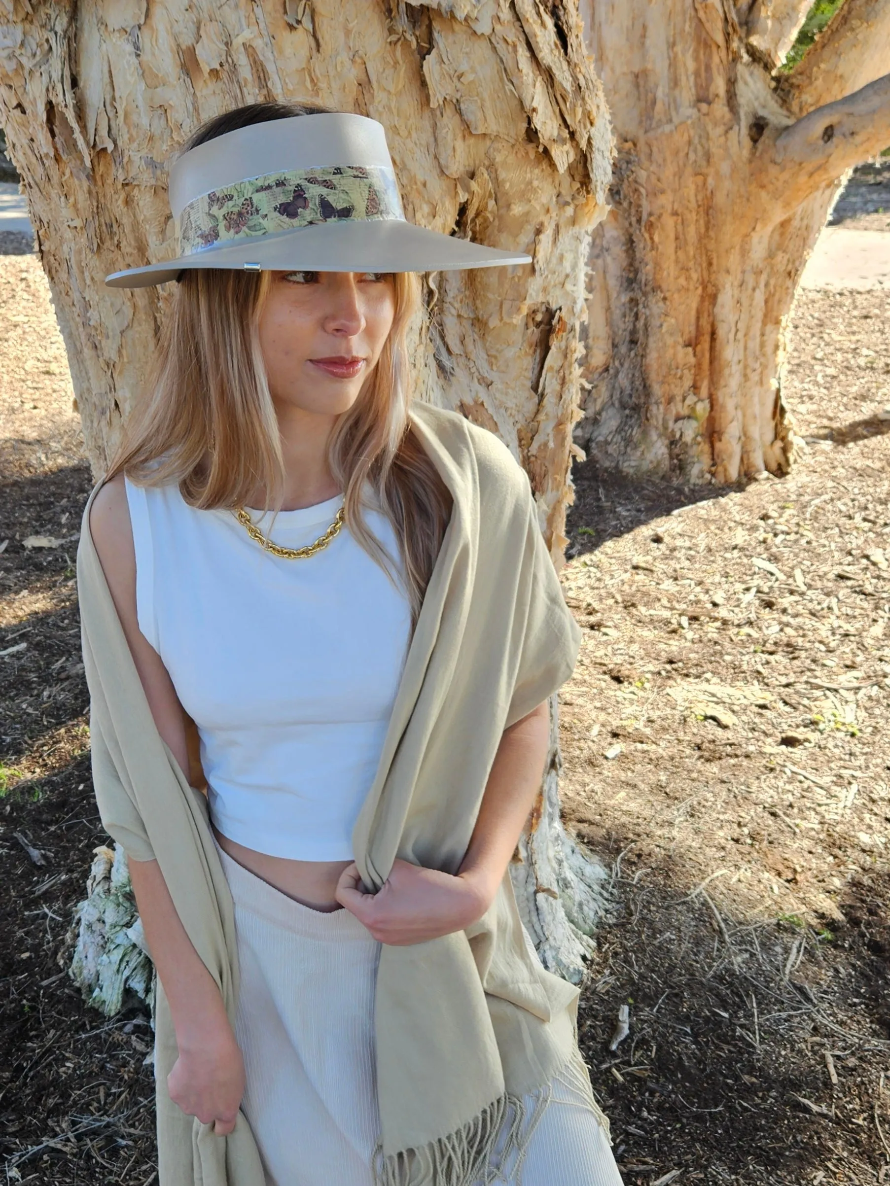 Tall Taupe "LadyEVA" Visor Hat with Neutral Butterfly Band and Silver Clamp