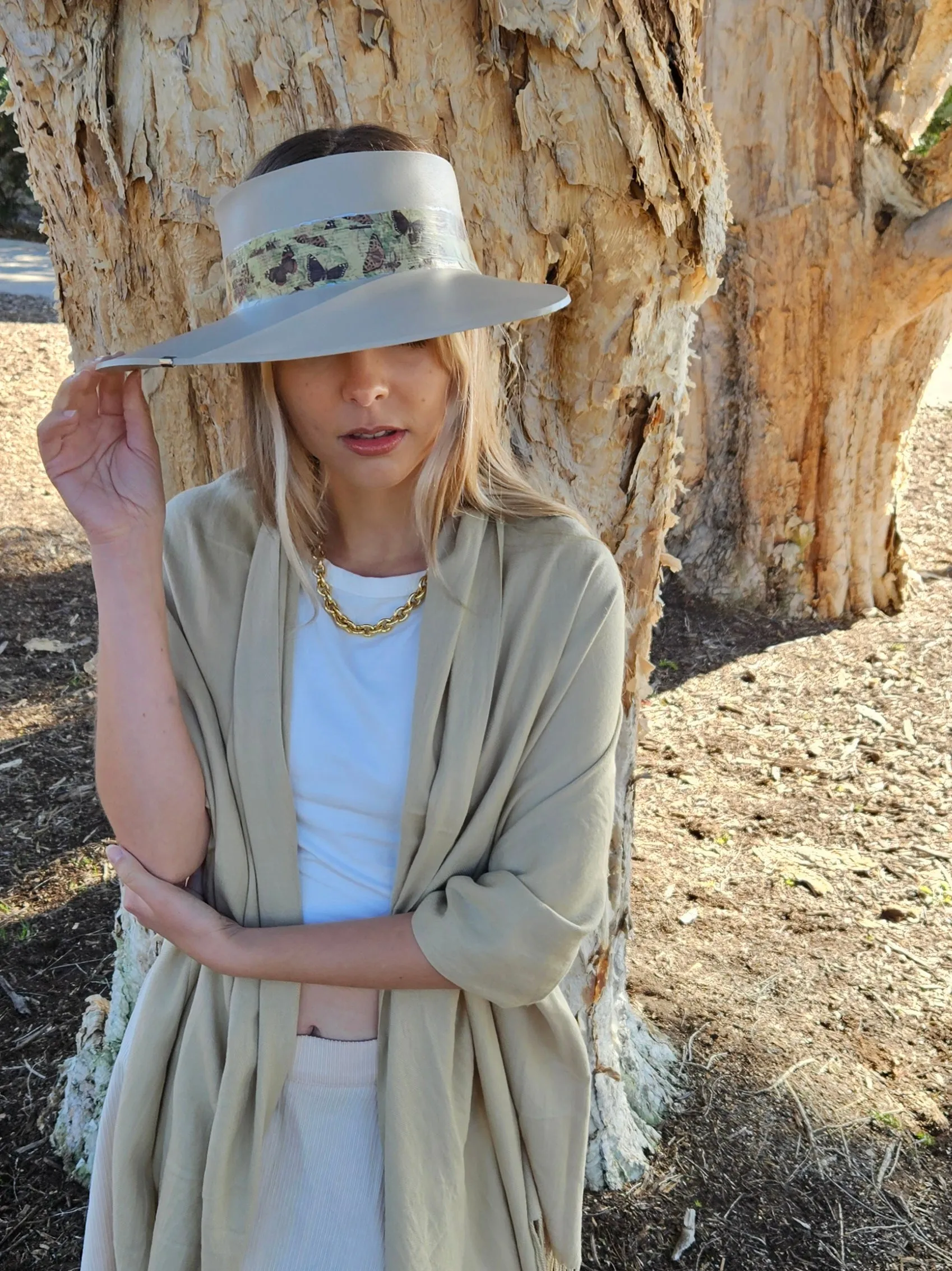 Tall Taupe "LadyEVA" Visor Hat with Neutral Butterfly Band and Silver Clamp