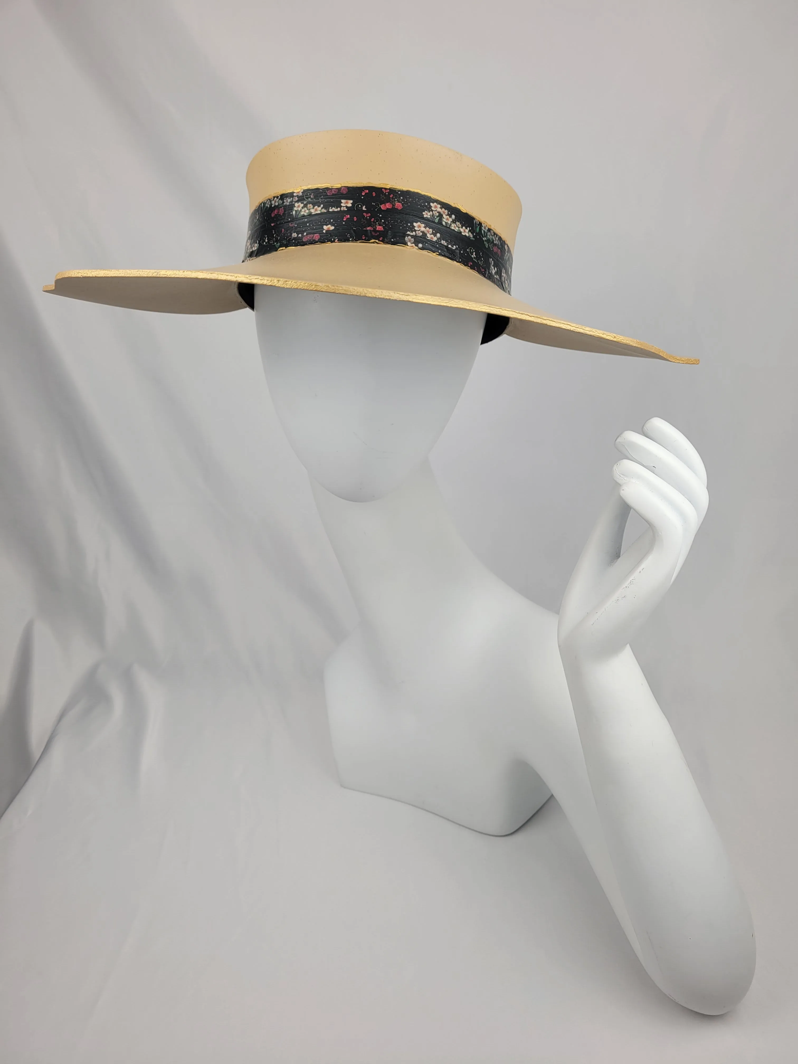 Tan Lotus Visor Hat with Black Floral Band