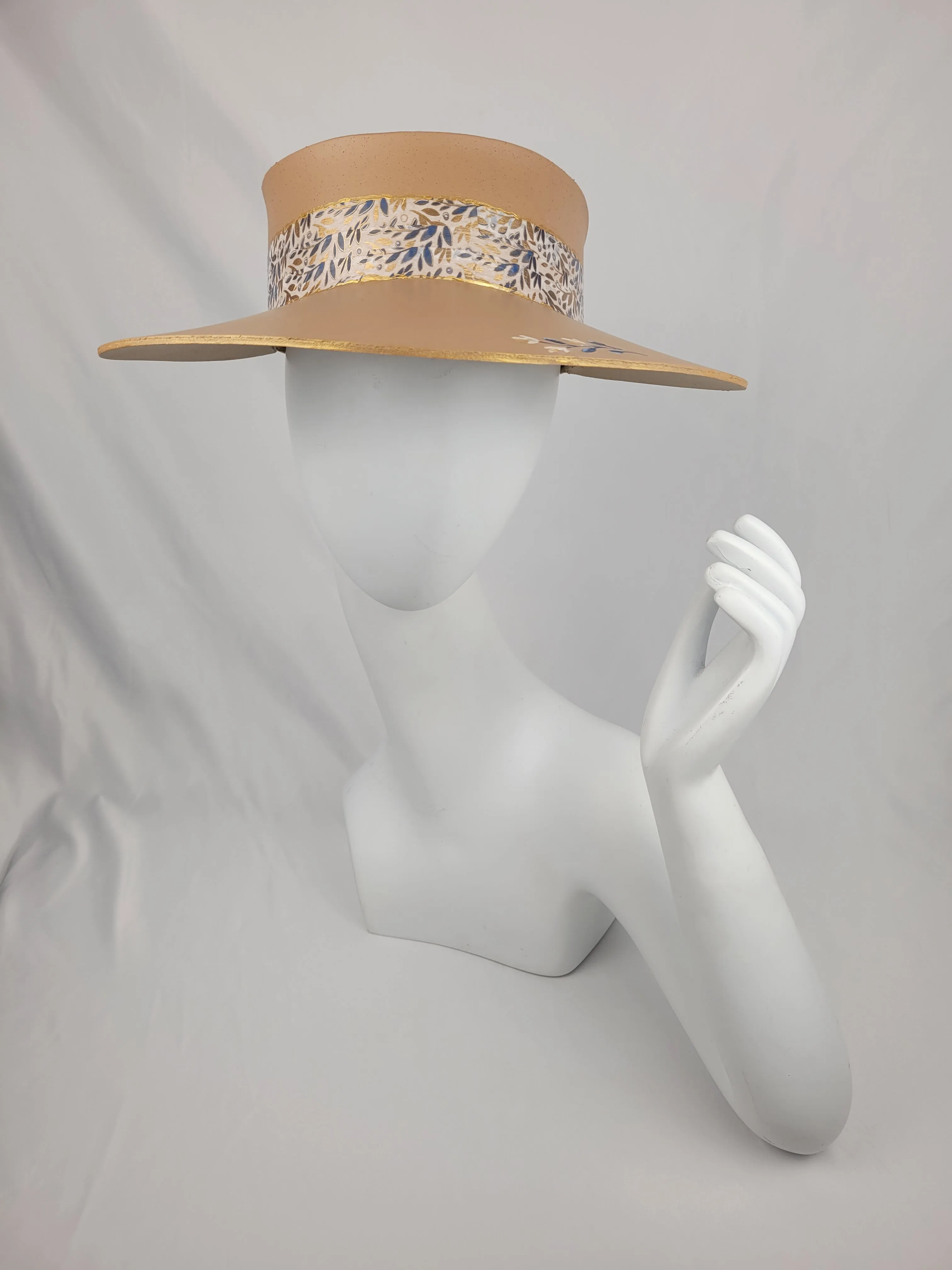 Tan "LadyEVA" Visor Hat with Golden Autumn Floral Band and Handpainted Blue Floral Motif