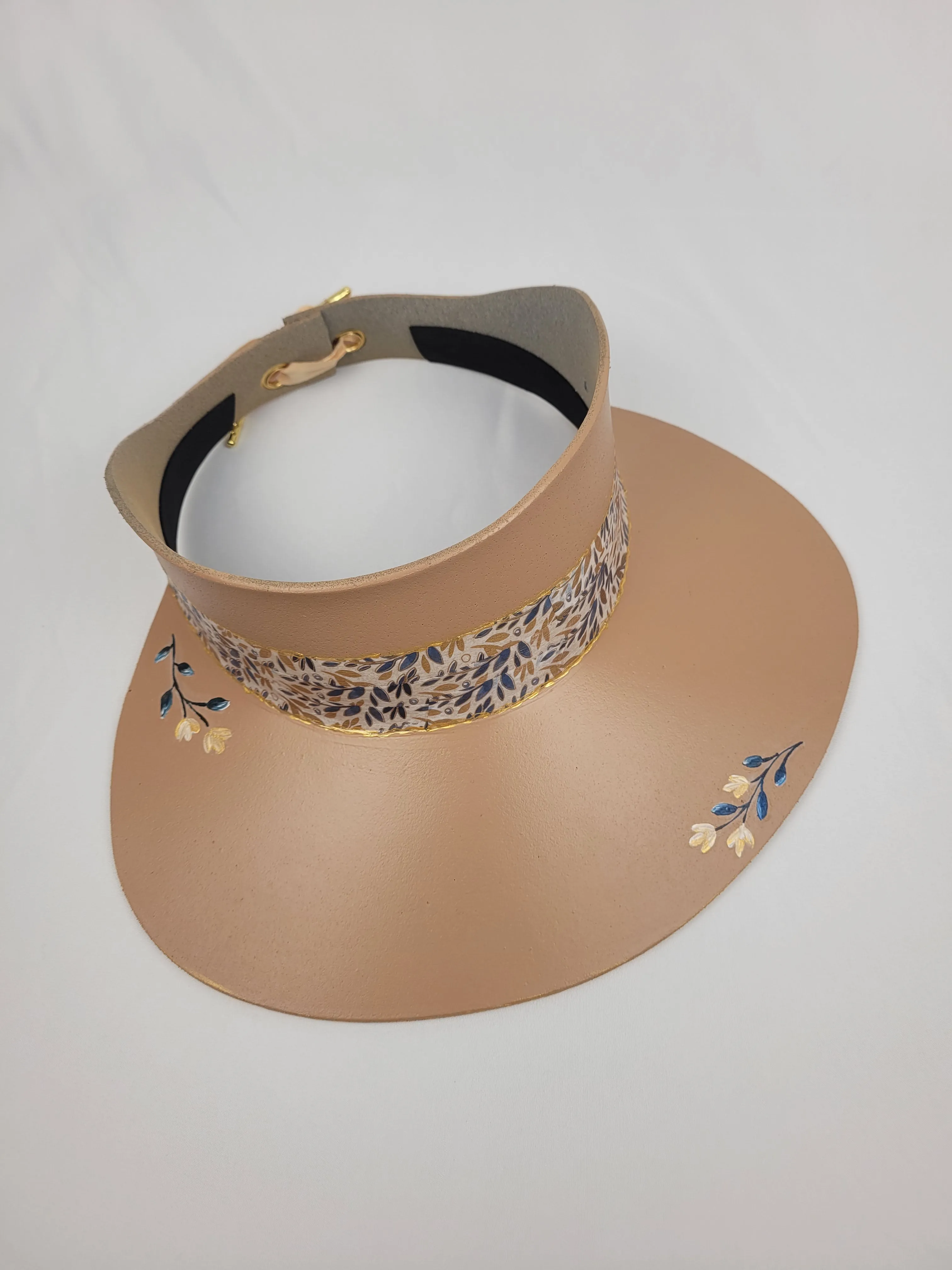 Tan "LadyEVA" Visor Hat with Golden Autumn Floral Band and Handpainted Blue Floral Motif