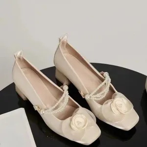 TAVIMART  -  New Chinese Sweet Flower Women Shoes Simple and Gentle Style Coarse Heel Camellia Mary Jane Shoes French Silk Wedding Shoes