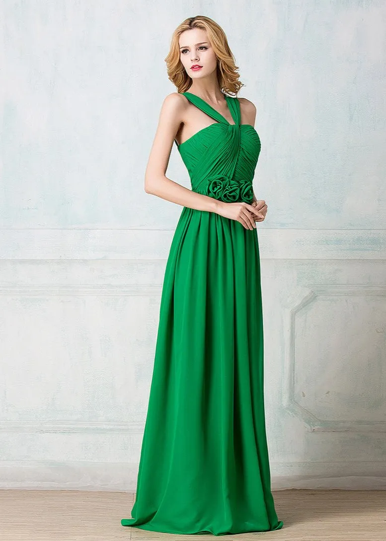 Twisted haltered full-length chiffon long prom dress