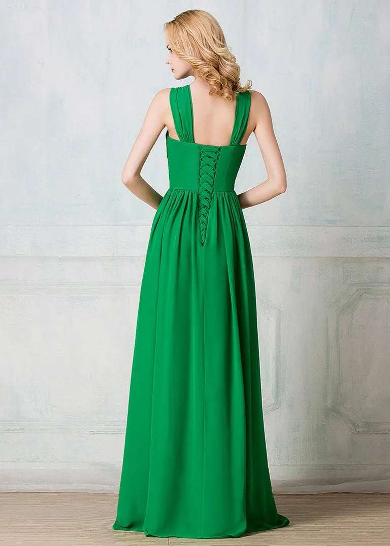 Twisted haltered full-length chiffon long prom dress