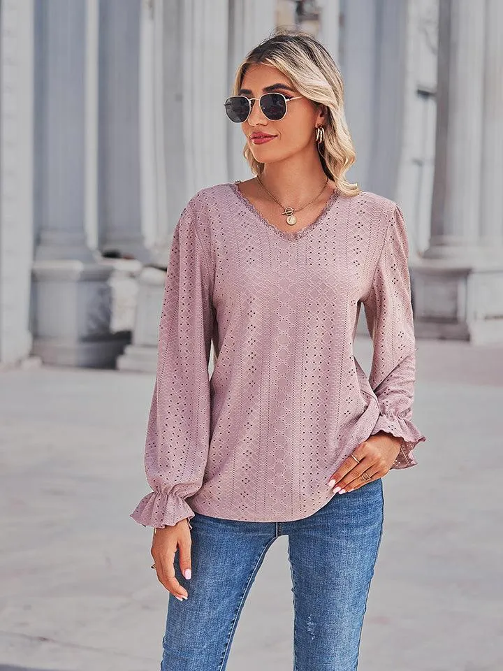 V-Neck Flounce Sleeve Blouse