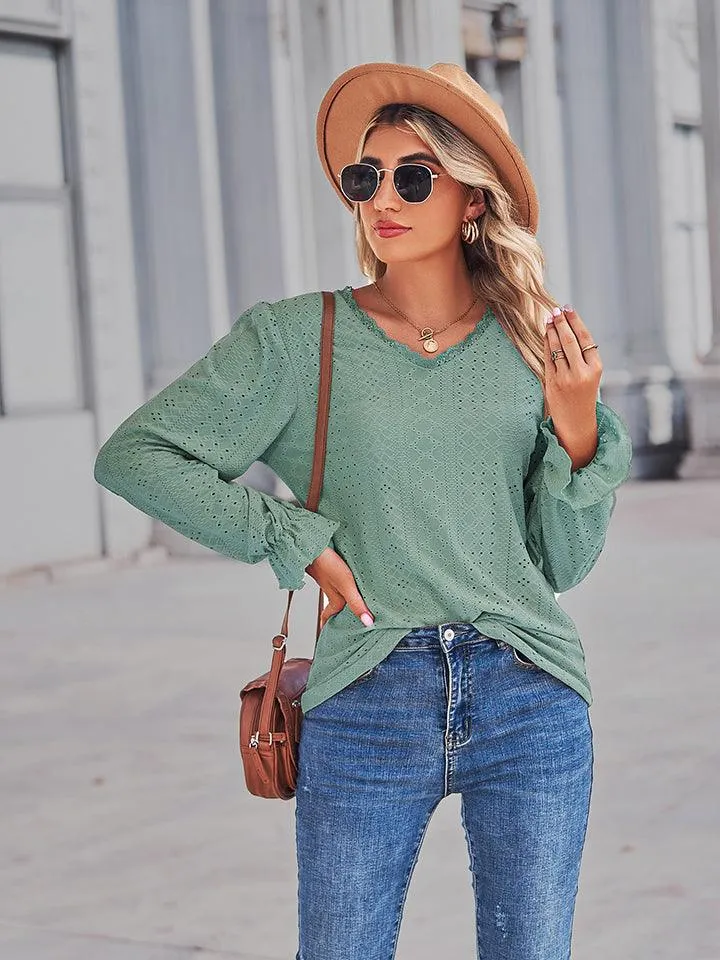 V-Neck Flounce Sleeve Blouse