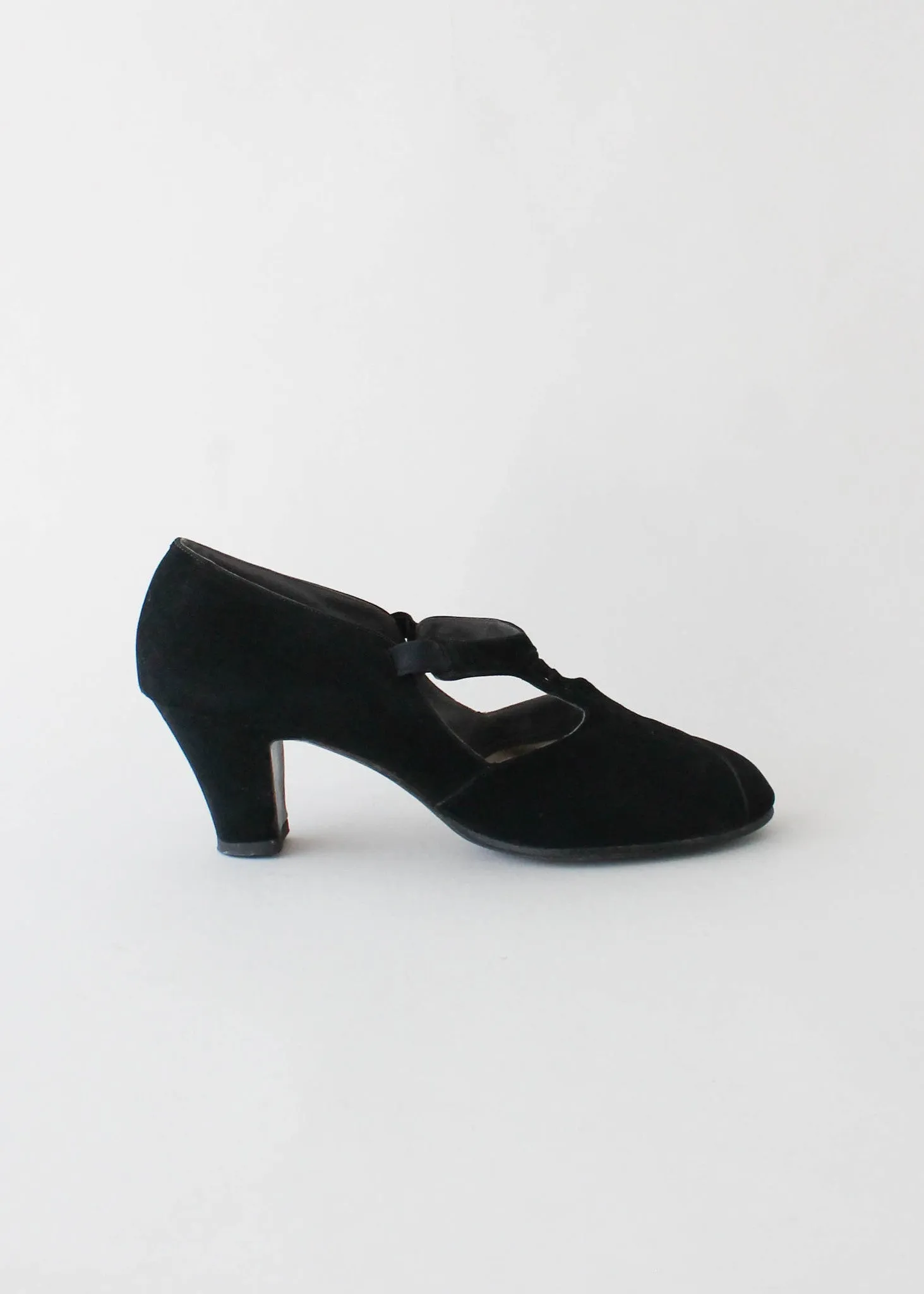 Vintage 1930s Black Suede T-Strap Shoes