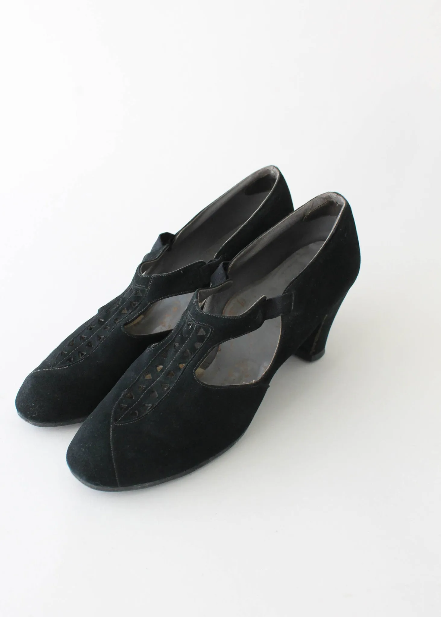 Vintage 1930s Black Suede T-Strap Shoes