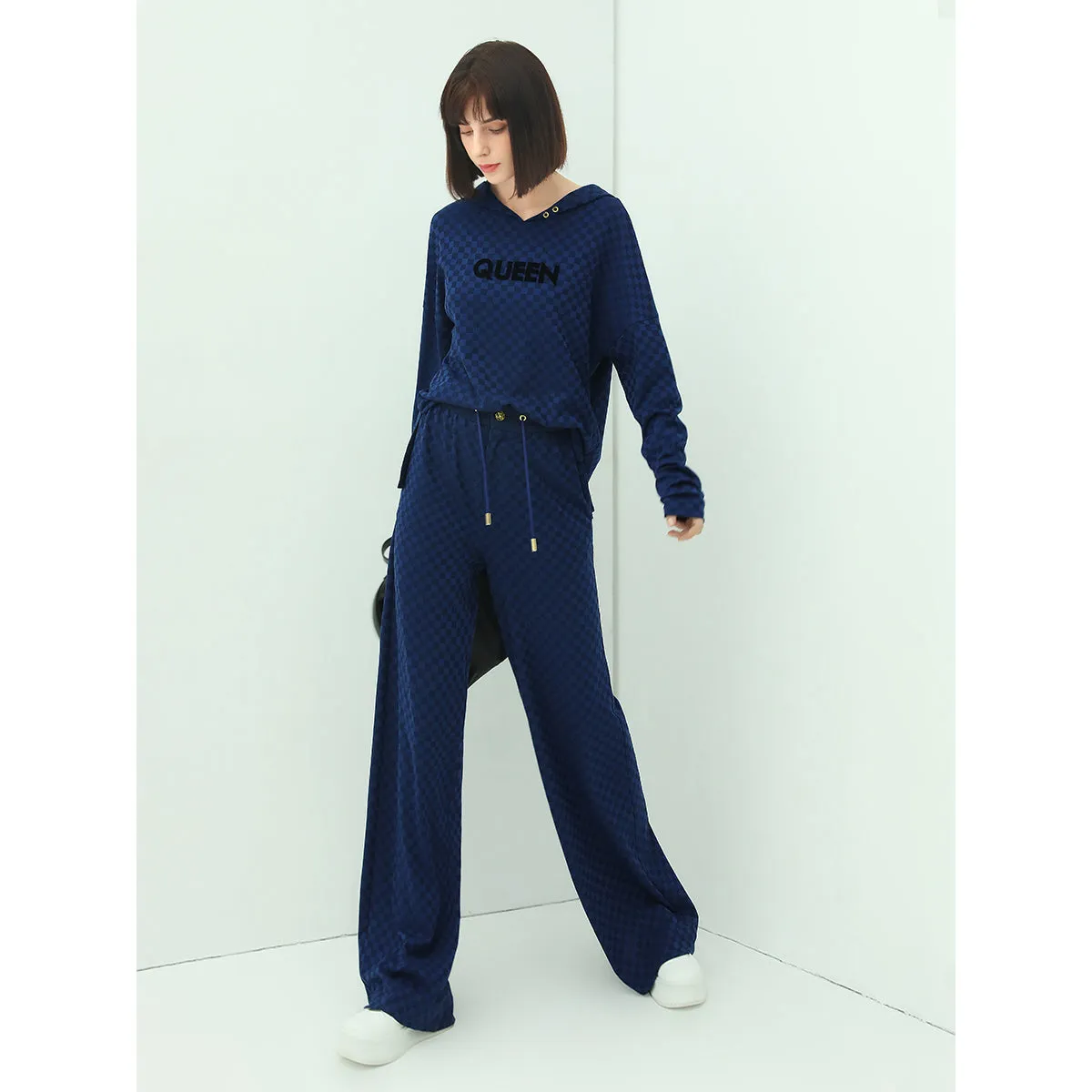 Wide Leg Checked Blue Knitted Pants