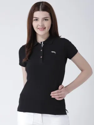 Women Black Solid Polo Neck T-shirt