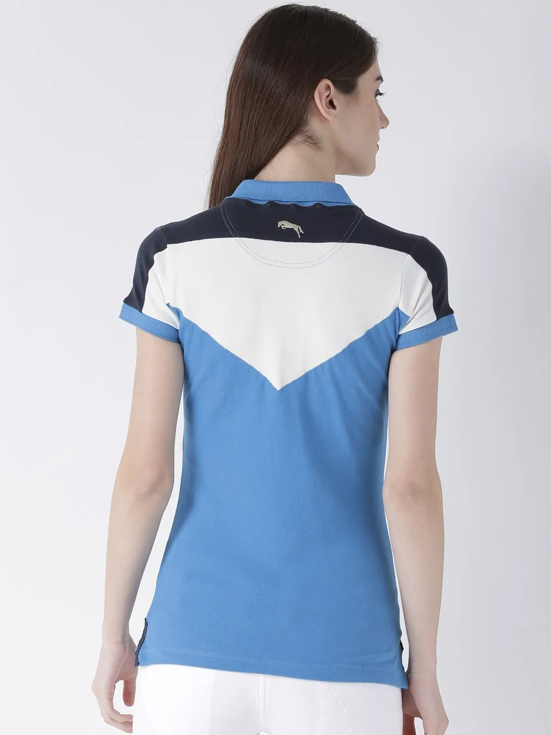 Women Blue Solid Polo Collar T-shirt