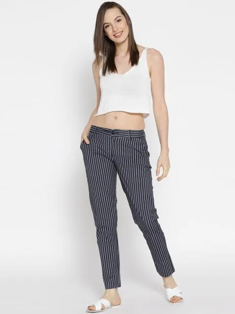 Women Striped Navy Blue Trousers