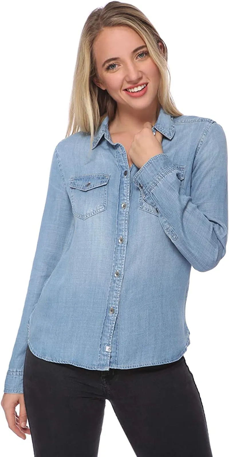 Women's Denim Shirt Button down Blue Jean Tencel Long Sleeve Western Blouse Top